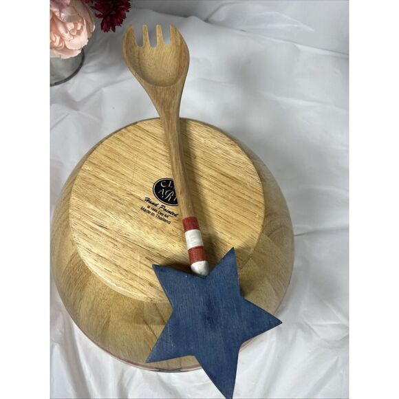 **Vintage CLAY ART LARGE SALAD FRUIT BOWL WOOD STARS RED WHITE BLUE HAND PAINTED - Picture 13 of 13